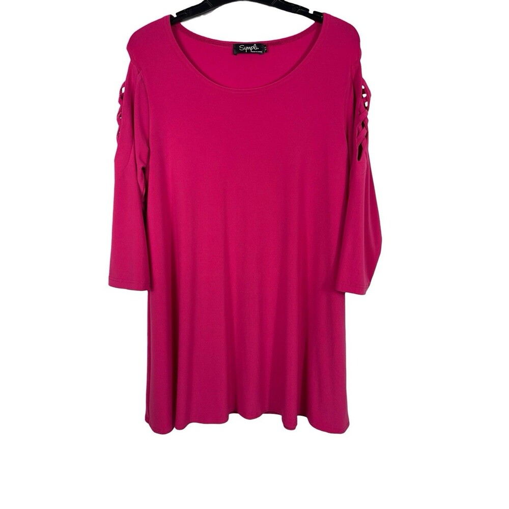 Sympli Canada Fuchsia Pink Long Tunic Top Womens 12 Lattice Sleeve Stretch